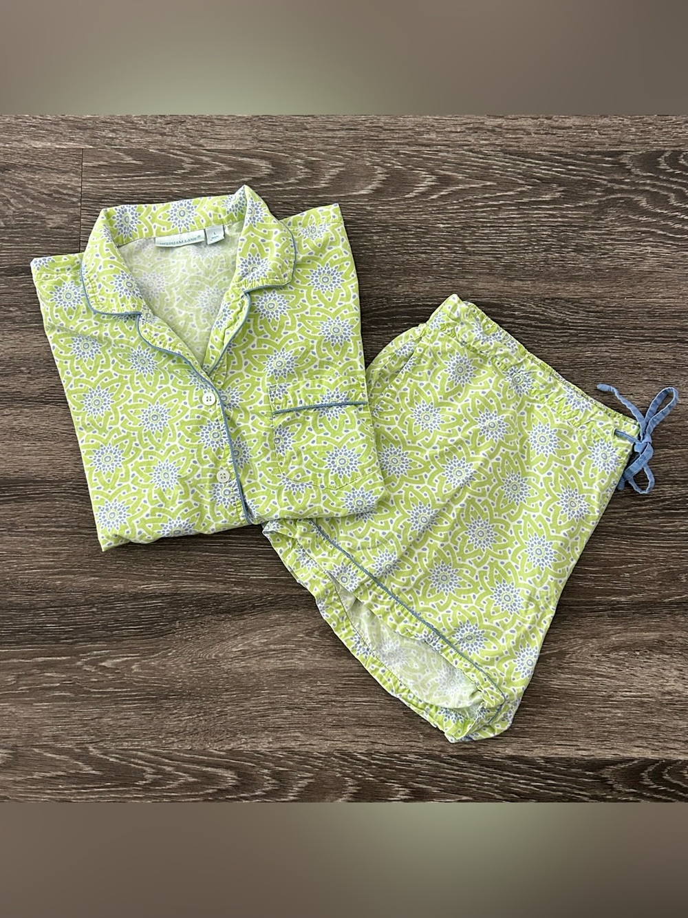 Needham Lane 100% Cotton Pajama Set Women’s L Shorts & Shirt Green Blue Print